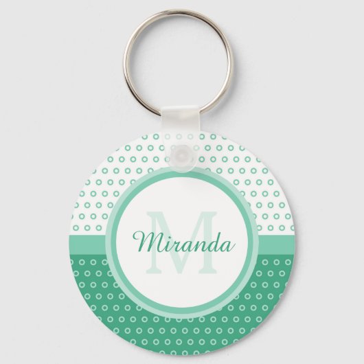 Mod Green en White Polka Dots Monogram met naam Sleutelhanger (Voorkant)