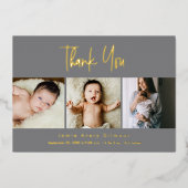 Mod Grey 3 baby foto's Luxe Gold Script Folie Feestdagenkaart (Voorkant)