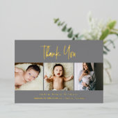 Mod Grey 3 baby foto's Luxe Gold Script Folie Feestdagenkaart (Staand Voorkant)