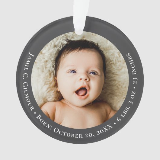 Mod Grey Baby's First Christmas 1 photo Birth date Ornament (voorkant)
