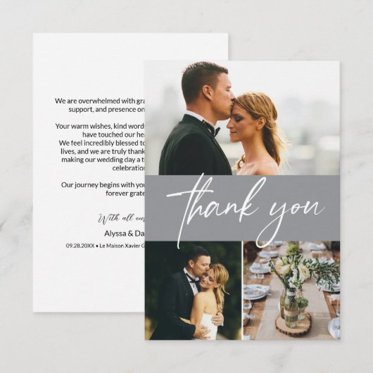 Mod Grey Eenvoudige bruiloft 3 foto's collage Bedankkaart (Voorkant / Achterkant)
