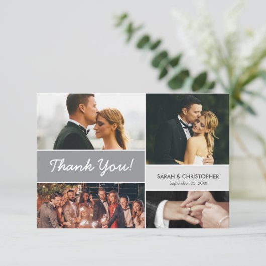 Mod Grey Fotocollage Aangepaste bruiloft afbeeldin Bedankkaart (Staand voorkant)