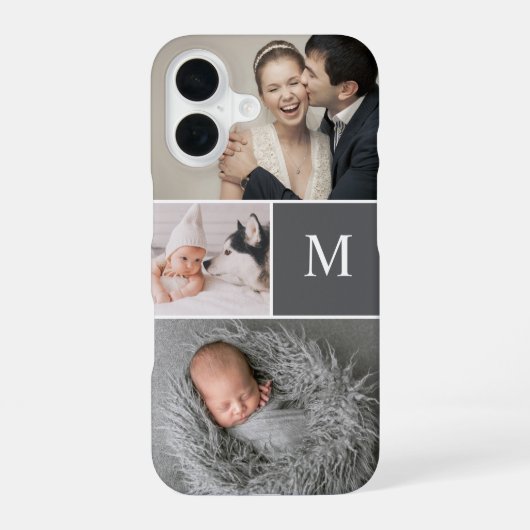 Mod Grijs Aangepaste Monogram Fotocollage iPhone 16 Hoesje (Achterkant)