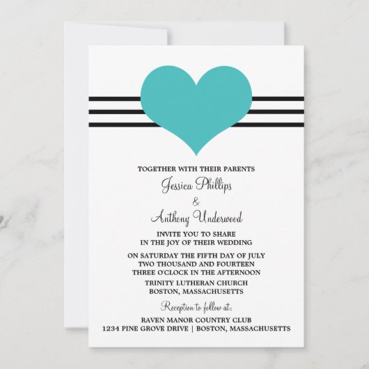 Mod Heart Wedding Invite, Aqua Kaart (Voorkant)