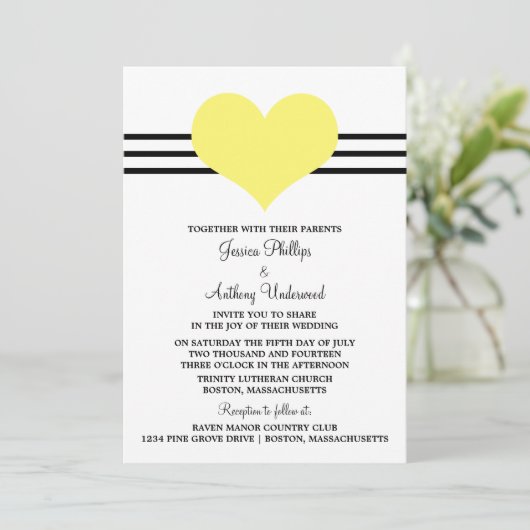 Mod Heart Wedding Invite, Geel Kaart (Staand voorkant)