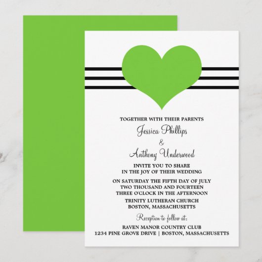 Mod Heart Wedding Invite, Green Kaart (Voorkant / Achterkant)