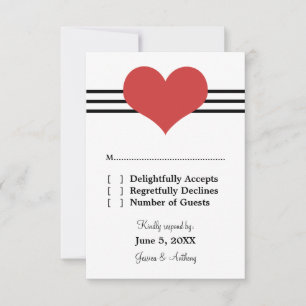 Mod Heart Wedding Response Kaart, Red RSVP Kaartje