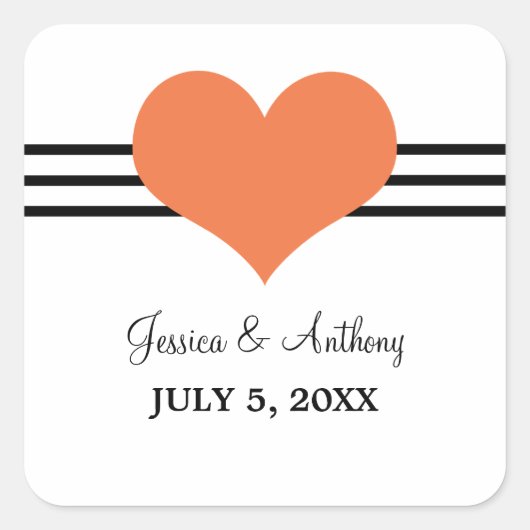 Mod Heart Wedding Stickers, Oranje Vierkante Sticker (Voorkant)
