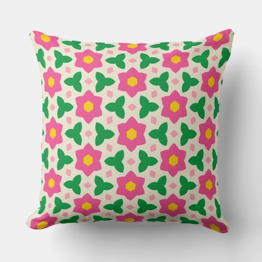 Mod Hot Roze Bloemen Met Groene Geometrische Bloem Kussen (Voorkant)