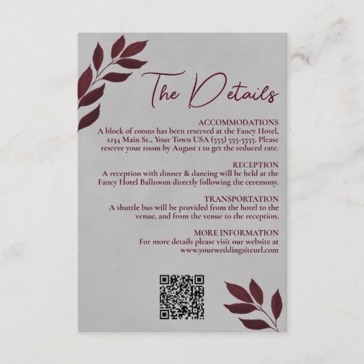 Mod laat bordeaux grijs bruiloft details QR code Informatiekaartje (Voorkant)