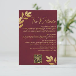 Mod Leaves Burgundy Gold Wedding Details QR Code Informatiekaartje