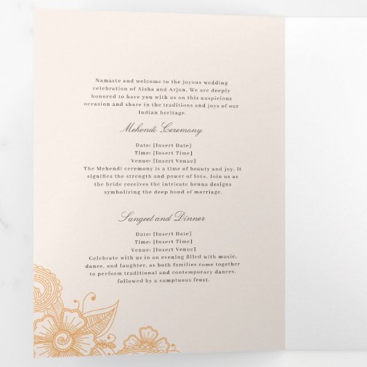 Mod Mehandi Traditioneel Indiase huwelijksprogramm Drieluik Programma (Binnenzijde eerst)