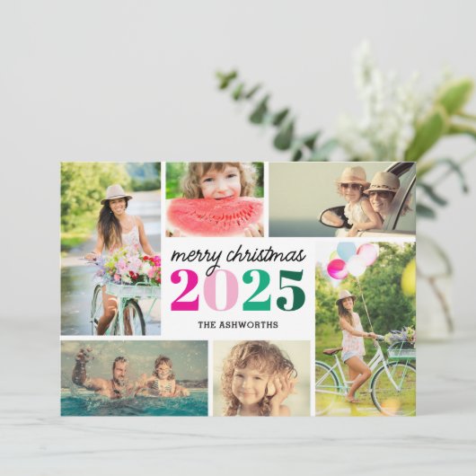 Mod Merry Christmas 6 Photo Collage Holiday Card Feestdagenkaart (Staand voorkant)