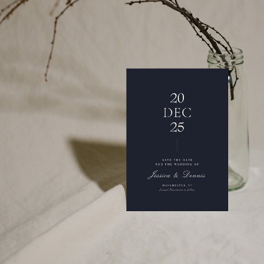 Mod Minimal Elegant Script Dark Navy Save the Date Kaart