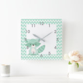 Mod Mint Chevron Raccoon Clock - kinderslaapkamer Vierkante Klok (Huis)