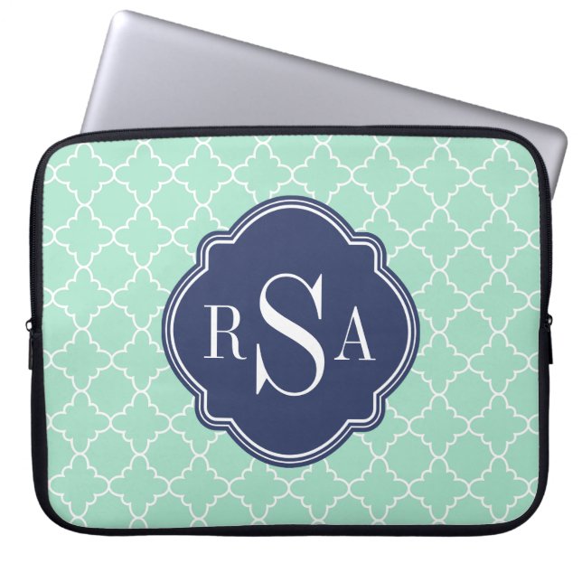 Mod Mint Green Trellis Blue Monogram Laptop Sleeve (Voorkant)