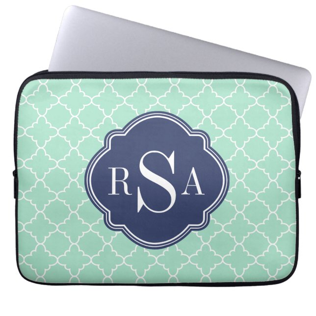 Mod Mint Green Trellis Blue Monogram Laptop Sleeve (Voorkant)