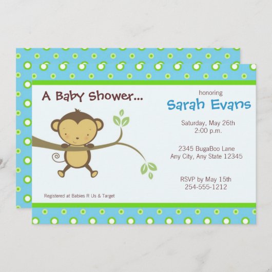 Mod Monkey Baby Shower-uitnodigingen - Blauw Kaart (Voorkant / Achterkant)