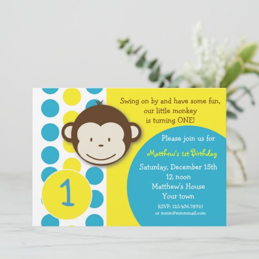 Mod Monkey Birthday Party Invitations Boy Kaart (Staand voorkant)