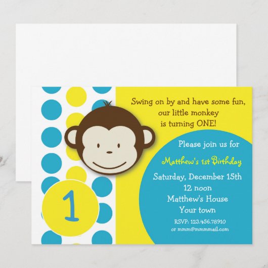 Mod Monkey Birthday Party Invitations Boy Kaart (Voorkant / Achterkant)