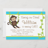 Mod Monkey Blue en Yellow Birthday Party Invite Kaart (Voorkant)