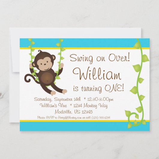 Mod Monkey Blue en Yellow Birthday Party Invite Kaart (Voorkant)