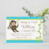 Mod Monkey Blue en Yellow Birthday Party Invite Kaart (Staand voorkant)