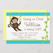 Mod Monkey Blue en Yellow Birthday Party Invite Kaart (Voorkant / Achterkant)