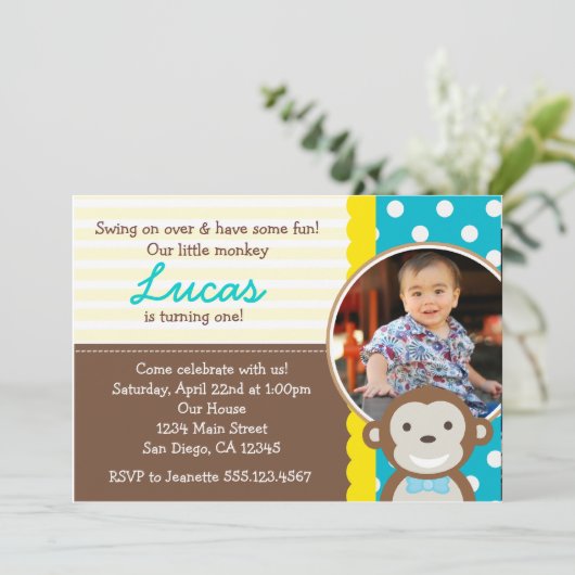 Mod Monkey Foto 1st Birthday Uitnodiging (Staand voorkant)