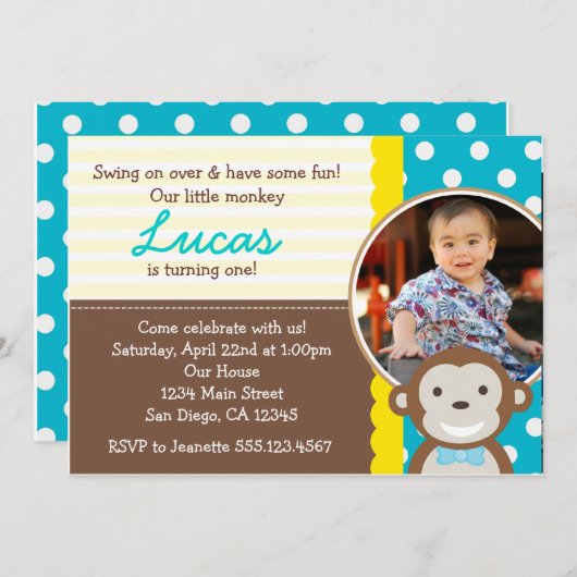 Mod Monkey Foto 1st Birthday Uitnodiging (Voorkant / Achterkant)