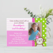 Mod Monkey Girl Birthday Invitation Roze Kaart (Staand voorkant)