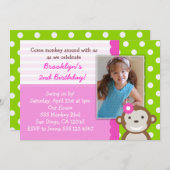 Mod Monkey Girl Birthday Invitation Roze Kaart (Voorkant / Achterkant)
