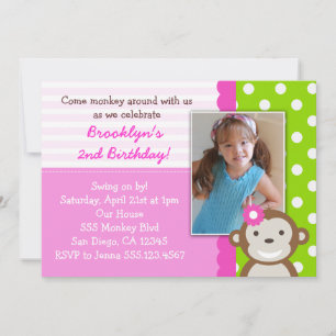 Mod Monkey Girl Birthday Invitation Roze Kaart