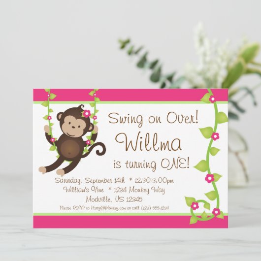 Mod Monkey Pink en Green Birthday Party nodigt uit Kaart (Staand voorkant)