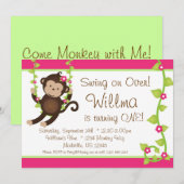 Mod Monkey Pink en Green Birthday Party nodigt uit Kaart (Voorkant / Achterkant)