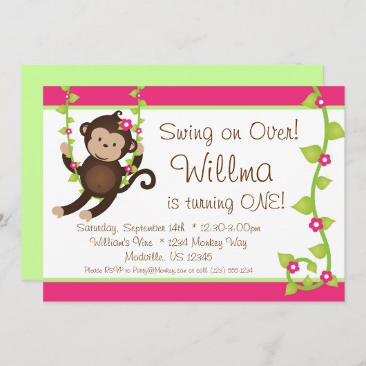 Mod Monkey Pink en Green Birthday Party nodigt uit Kaart (Voorkant / Achterkant)