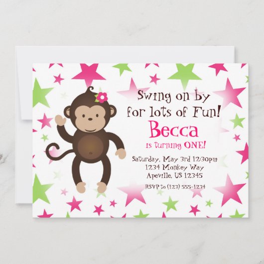 Mod Monkey Pink en Green Star Birthday Party Kaart (Voorkant)