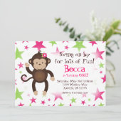 Mod Monkey Pink en Green Star Birthday Party Kaart (Staand voorkant)