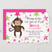 Mod Monkey Pink en Green Star Birthday Party Kaart (Voorkant / Achterkant)