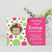 Mod Monkey Pink Polka Dots Birthday Party nodigt u Kaart (Staand voorkant)