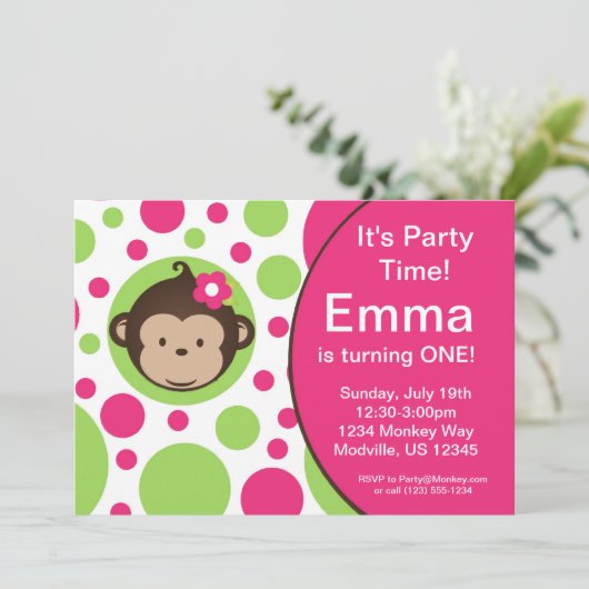 Mod Monkey Pink Polka Dots Birthday Party nodigt u Kaart (Staand voorkant)