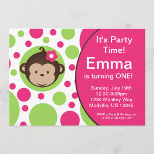 Mod Monkey Pink Polka Dots Birthday Party nodigt u Kaart
