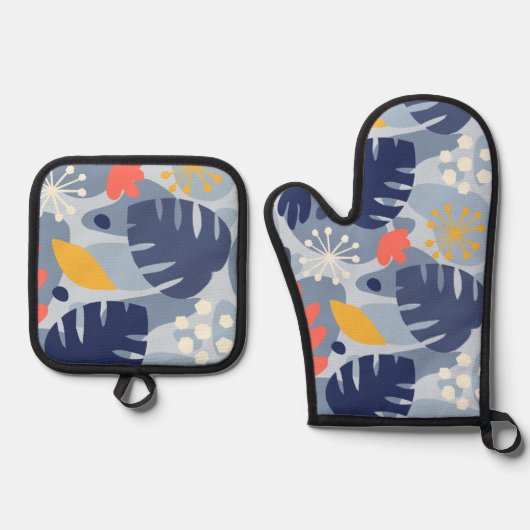 Mod Monstera Leaf Abstract Hawaiian Tropical - Bla Ovenwant & Pannenlap Set (Voorkant)