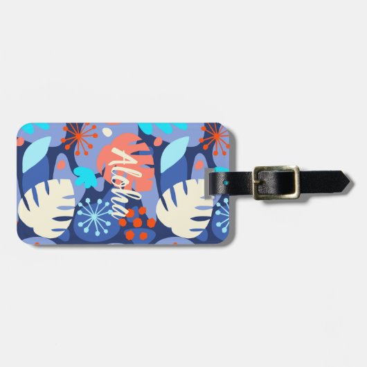 Mod Monstera Leaf Abstract Hawaiian Tropical Navy Bagagelabel (Voorkant horizontaal)