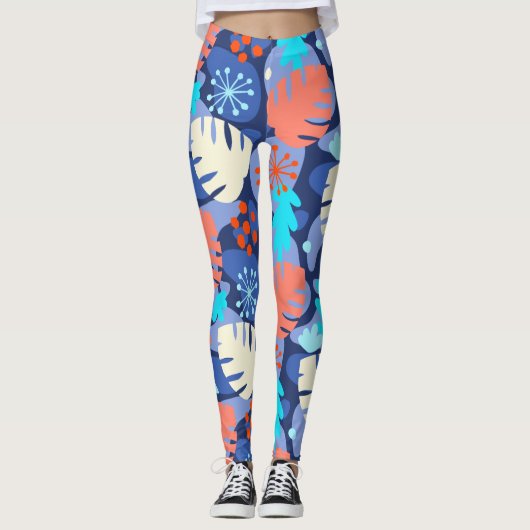 Mod Monstera Leaf Abstract Hawaiian Tropical Navy Leggings (Voorkant)