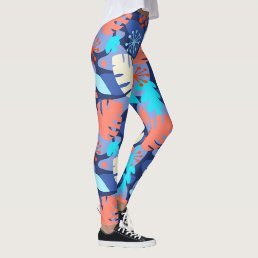 Mod Monstera Leaf Abstract Hawaiian Tropical Navy Leggings (Rechts)