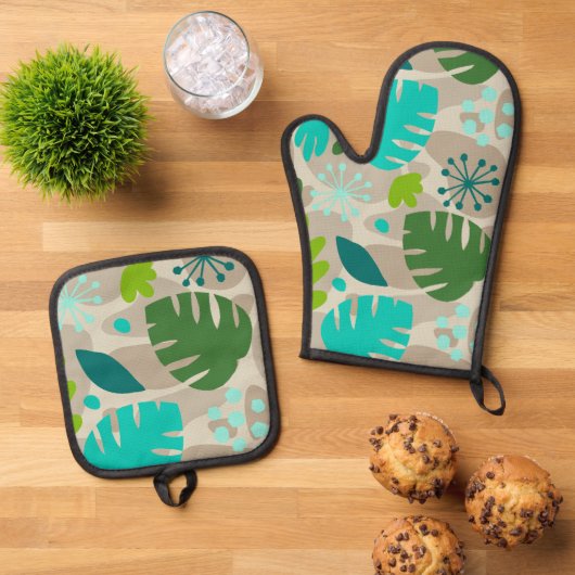 Mod Monstera Leaf Abstract Hawaiian Tropical Ovenwant & Pannenlap Set (Top down)