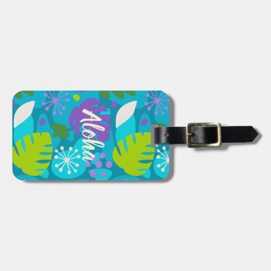 Mod Monstera Leaf Abstract Hawaiian Tropisch Blauw Bagagelabel (Voorkant horizontaal)