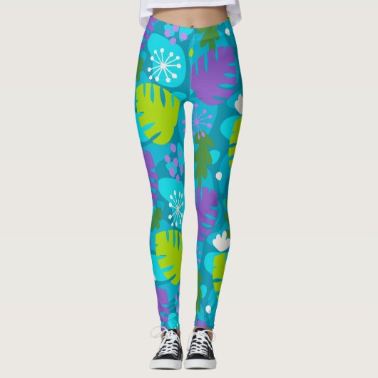 Mod Monstera Leaf Abstract Hawaiian Tropisch Blauw Leggings (Voorkant)