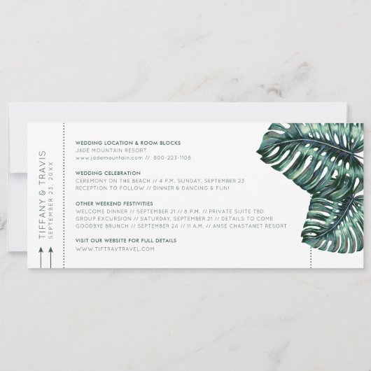 Mod Monstera Leaf Boarding Pass De datum opslaan Aankondiging (Achterkant)